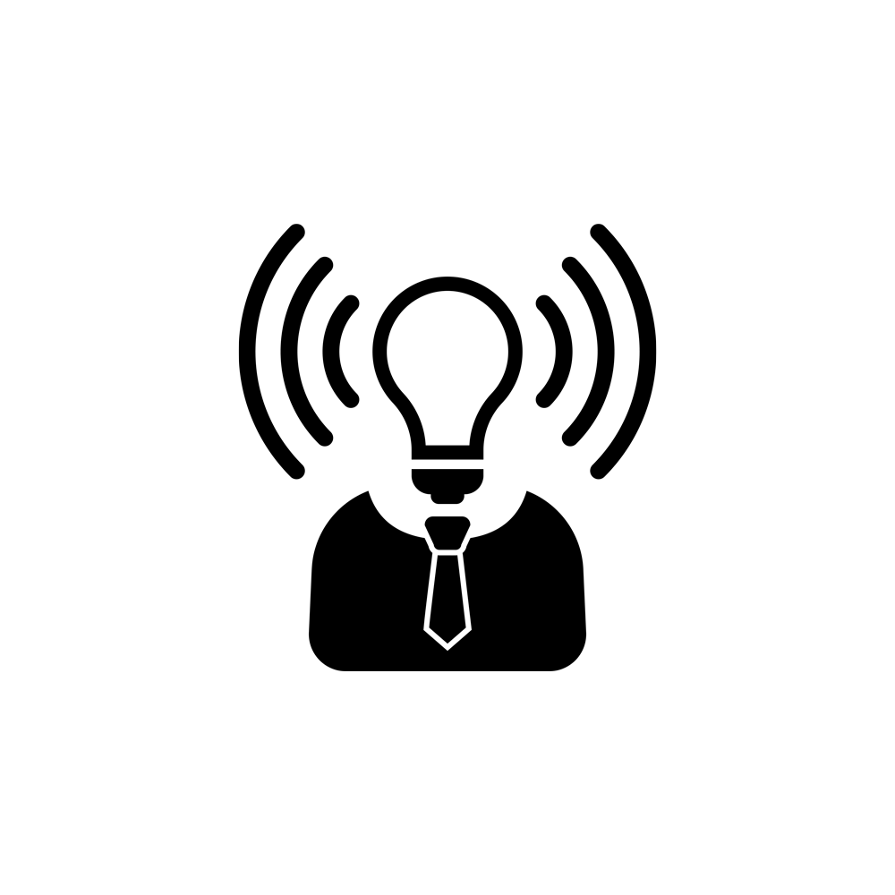 illustration of human head and body, a lightbulb is replacing the head with vibration lines on both sides of light blub, to illustrate users of website