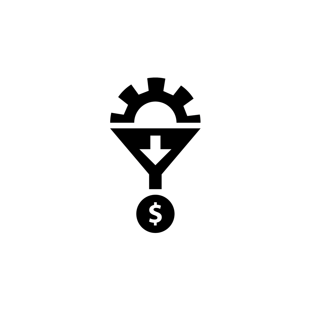 half/semi-circle cog icon with arrow below pointing downwards to dollar sign